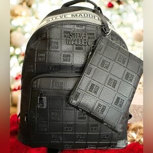 Steve Madden Embossed Black Backpack with Wristlet Set